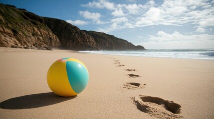 Obraz premium Colorful Beach Ball on a Sandy Shoreline with Footprints in Sand