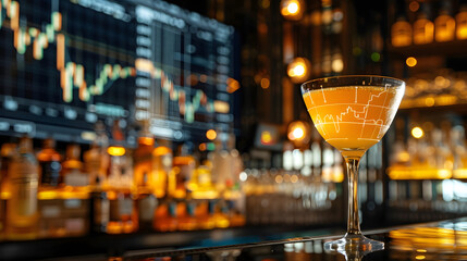 Business and Leisure Concept with a Cocktail at a Bar and a Stock Market Graph.