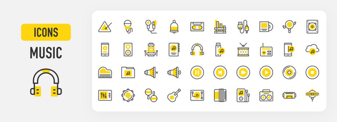 Music icons. Phone, Play, Earphones, Lp Player, Music Cloud, Accordion, Equalizer, Flute, Forward, Guitar, Harmonica, Maracas, Microphone, Music Book vector stroke illustration.	
