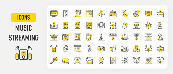 Music streaming icons. Subscription, Router, Multi Users, Equalizer, Volume, Sync, Schedule, Audio Book, Music Studio, Ads, Wav, Music, Cloud, Smart Tv vector stroke illustration.	
