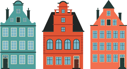 Black and white Dutch canal houses silhouette, historic Amsterdam buildings, European city architecture, old townhouse skyline, vector illustration art