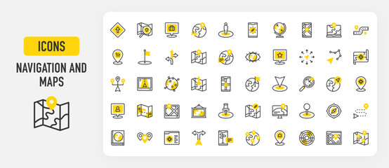 Navigation and maps icons. Directions, Places, Shop, Map, Person, Location, Laptop, Route, Pin, Home, Pins, Globe, Gps, Constellation, Route, Search vector stroke illustration.	
