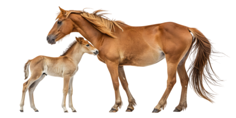 A chestnut mare standing next to a foal in a studio setting with soft lighting on transparent background