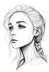 Detailed sketch of a young woman with a braid and earring looking to the left side of the image