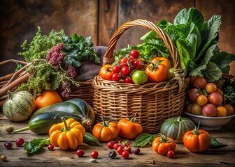 A bountiful harvest of fresh vegetables arranged in baskets on a rustic wooden table