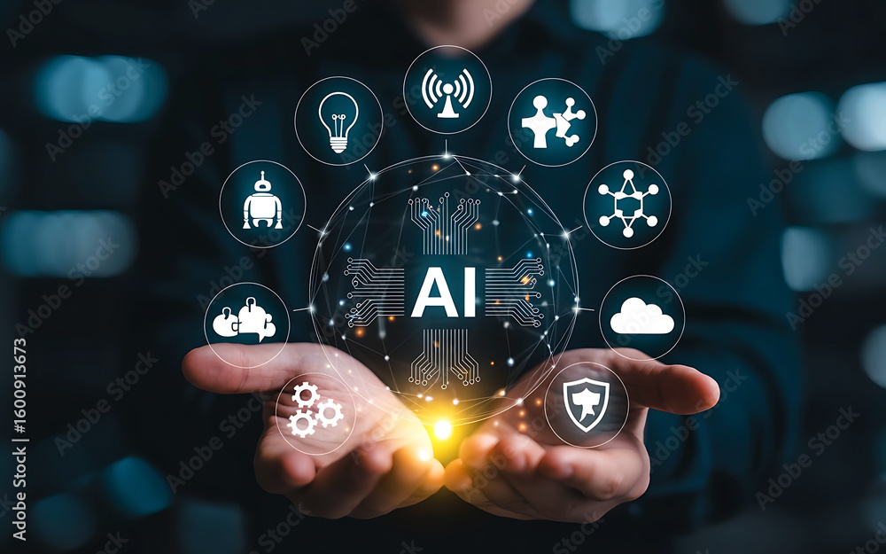 Poster person holding a glowing sphere with ai text and interconnected digital icons representing technolog