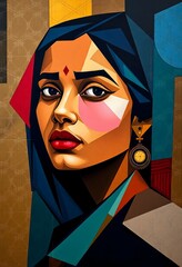 Geometric portrait of a woman with a bindi and earring in a cubist style painting design