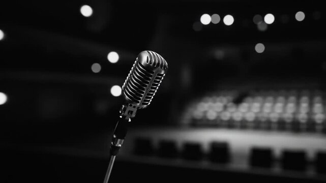 A chrome microphone sits poised on a stand. The background is a darkened concert hall, with blurred lights and rows of seats