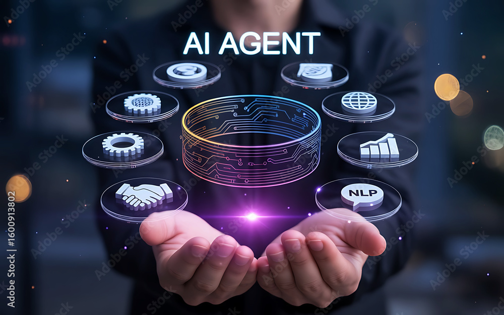 Poster person holding a glowing ai agent interface with digital icons representing various business and tec