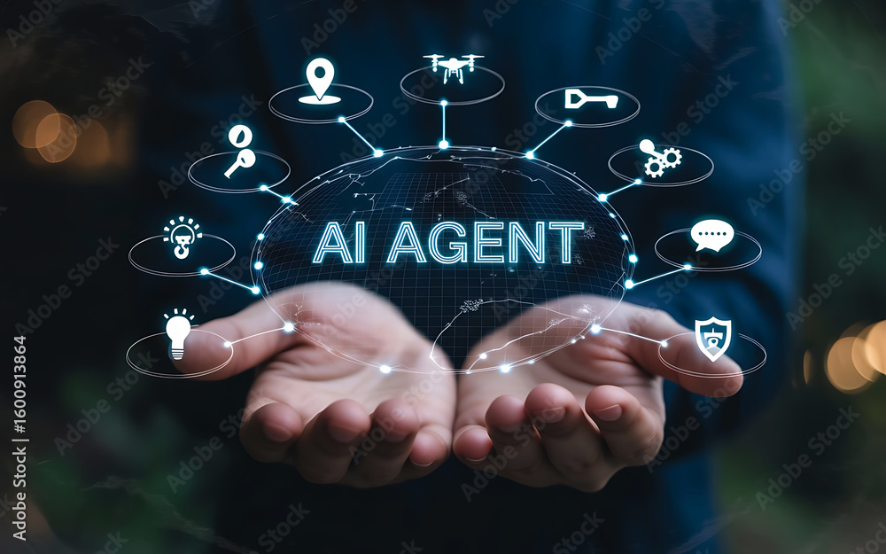 Poster person holding ai agent concept with connected digital icons representing various services and techn
