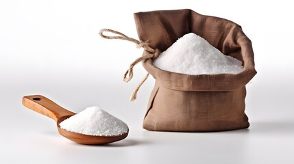 Buy pure white salt online: refined table salt in burlap sack and wood spoon