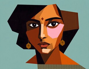 Geometric portrait of a woman with dark hair and earrings against a light blue background