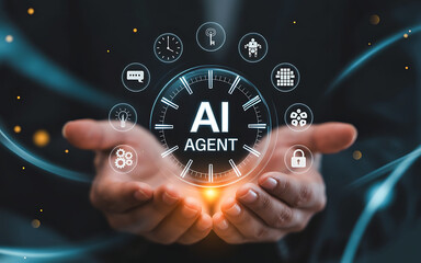 Person holding ai agent technology with futuristic digital icons representing artificial intelligence and innovation