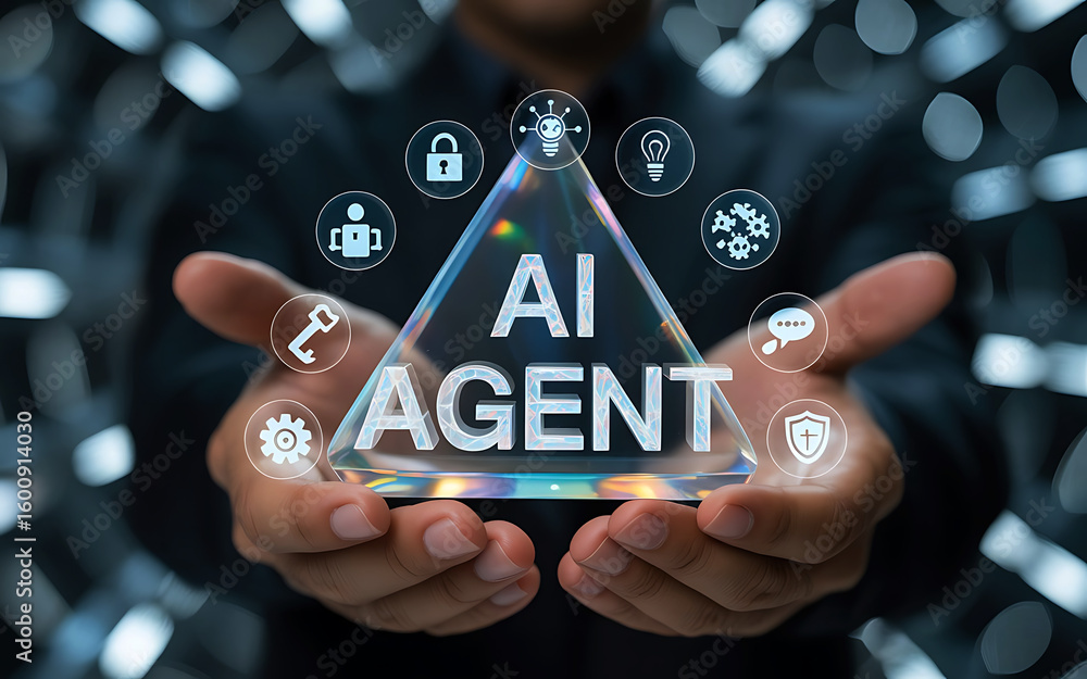 Poster hands holding a glowing pyramid with ai agent text and digital icons representing technology and sec