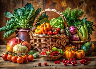 A rustic harvest display with baskets of fresh vegetables and fruits on a wooden table