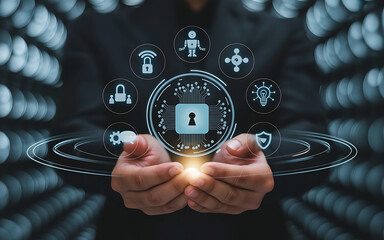 Person holding a glowing digital network of security icons and a central padlock representing cybersecurity and data protection