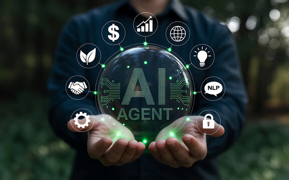 Person holding a glowing crystal ball with futuristic city and business icons symbolizing global growth and innovation