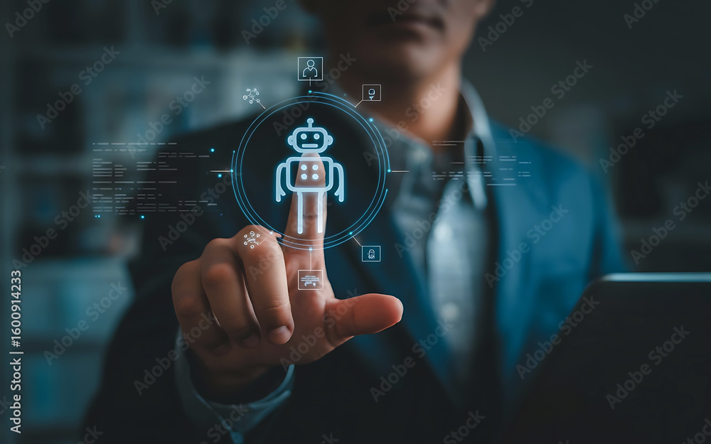 Poster man s finger touching a glowing holographic robot icon symbolizing artificial intelligence and futur