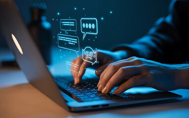 Close up of hands typing on a laptop with glowing digital chat bubbles and communication icons appearing above