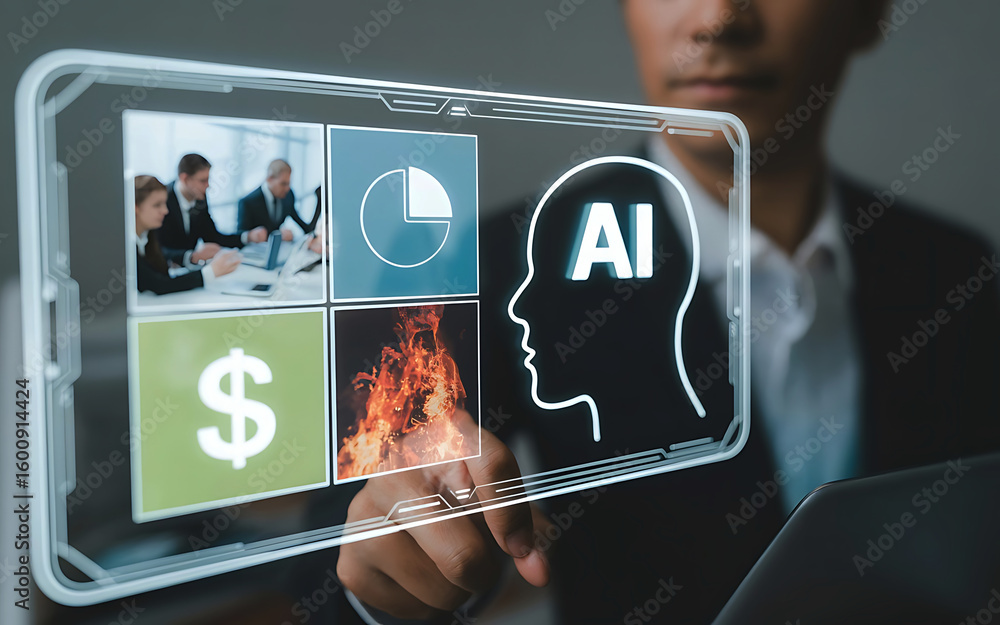 Poster businessman interacting with a futuristic transparent screen displaying ai technology and business c