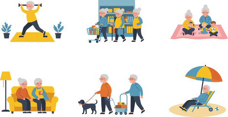 Happy senior life illustrations – elderly people exercising, shopping, relaxing, walking dog, watching TV, and spending time with grandchildren.
