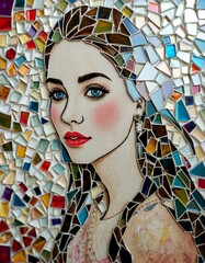 Mosaic art depicting a woman with blue eyes and red lips against a colorful background of tiles
