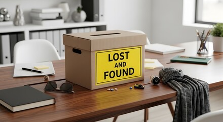 Lost and found box on office desk with various items, representing organization and recovery.