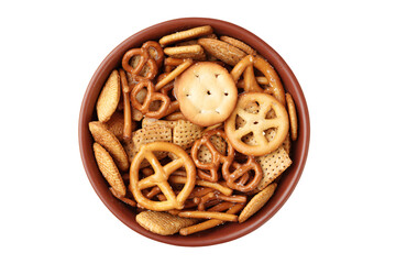 a bowl of pretzels and crackers with a cracker in the middle