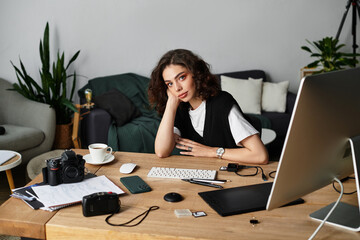 Young woman with curly hair engaged in creative remote work at home office