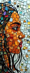Mosaic art depicting a woman's face in profile with colorful tiles and a reflective background effect