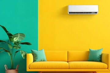 A vibrant yellow couch with teal cushions in a bright room featuring contrasting color walls, complemented by a lush green plant for a fresh atmosphere.