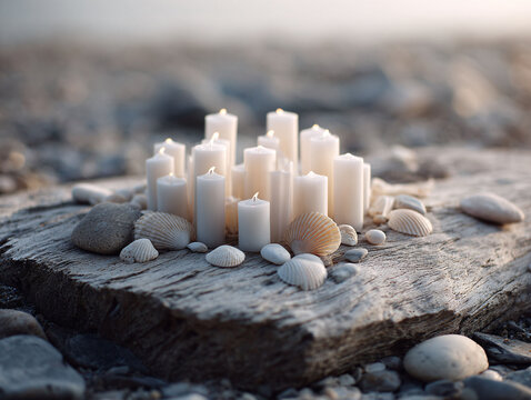 Serene scene of lit candles and seashells on weathered wood. Evokes peace, remembrance,  spirituality. Great for wellness, mindfulness,  travel themes.