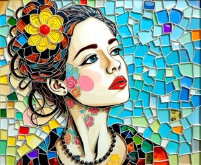 Mosaic artwork of a woman with flower in her hair and floral tattoos looking up with a beaded necklace