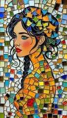 Mosaic artwork depicting a woman with braided hair and colorful geometric shapes in her hair and clothing