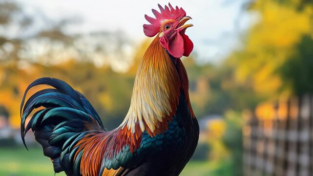 Colorful rooster crowing in farmyard at sunrise