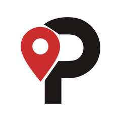 Silhouette of letter P designed like a pin or pointer shown on white background icon