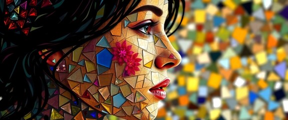 Mosaic portrait of a woman in profile with floral detail and geometric background art style design