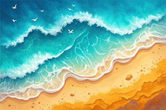 Aerial beach view with ocean waves and seagulls summer vacation background