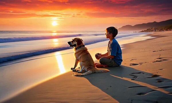Boy enjoys sunset on the beach with dog