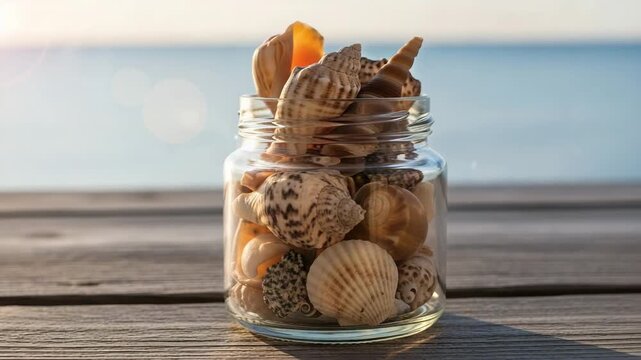 Glass jar filled with assorted seashells standing on wooden surface by the sea. Bright summer scene with soft sunlight and ocean in the background. Concept of vacation memories and coastal decor.