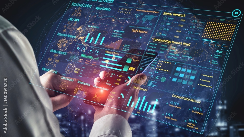 Poster data center monitoring dashboard visualize network performance, connection status, usage rate, and t