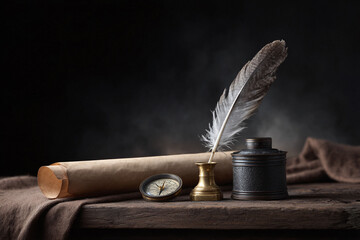 Evocative still life featuring antique quill, inkwell, compass, and scroll on rustic wood. Ideal for themes of history, writing, exploration, and storytelling.