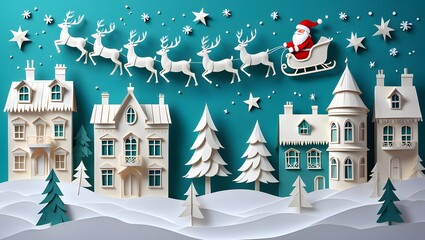 A whimsical paper village scene with santa in his sleigh and reindeer celebrates the christmas holiday