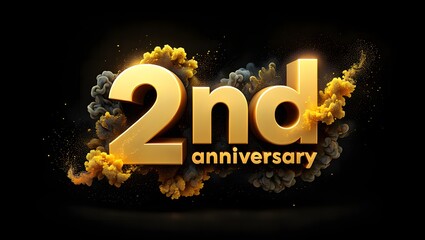 The golden 2nd anniversary is celebrated with sparkling dust and smoke on a black background