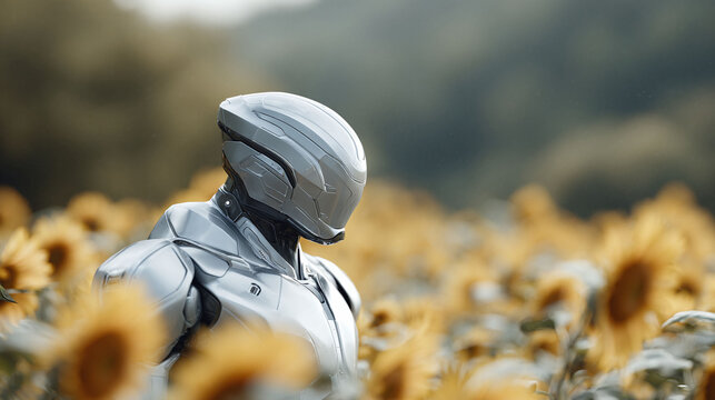 Futuristic robot in a serene sunflower field. Artificial intelligence meets nature, symbolizing technological harmony. Scifi, concept art, peaceful.