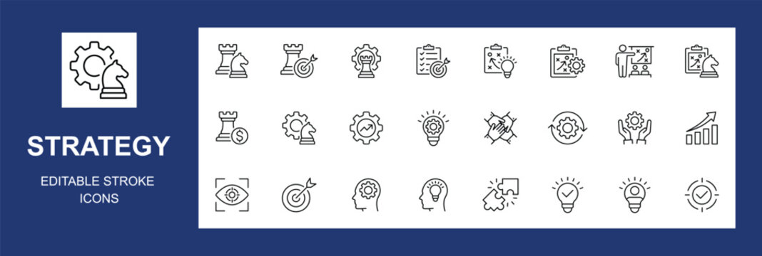 Strategy Icons set.  modern thin line style of business related icons: tactics, vision, target, and more. Pictograms and infographics. Editable stroke. Vector illustration