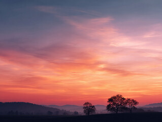 Fototapeta premium Stunning sunset over a serene landscape. Silhouette of trees and rolling hills against vibrant orange pink sky. Perfect for nature, travel, or inspirational projects.