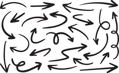 Dynamic set of hand-drawn arrows in both multicolor and black styles featuring curved, twisted, and swirled paths—ideal for infographics, presentations, or creative design projects needing directional