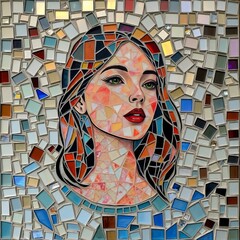 Mosaic portrait of a woman with colorful hair and red lips against a mosaic tile background