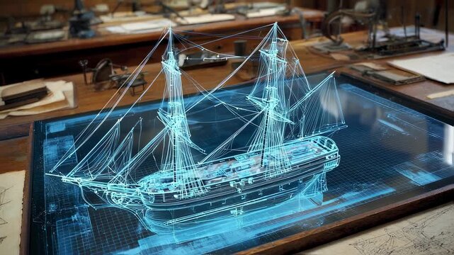 An aerial shot of a ship blueprint laid out on a drafting board enhanced by augmented reality simulations that visualize the installation of sails and rigging allowing for a threedimensional